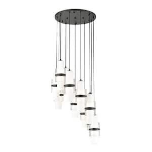 Cayden 24 in. 11-Light Matte Black Round Chandelier with Clear Plus Etched Opal Glass Shades
