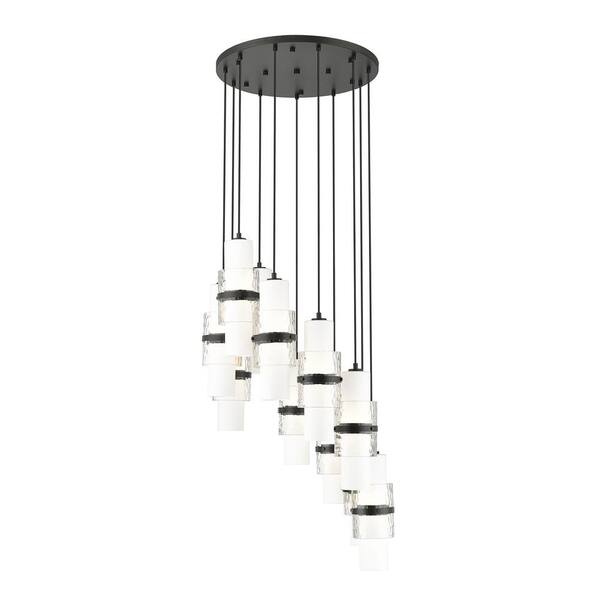 Unbranded Cayden 24 in. 11-Light Matte Black Round Chandelier with Clear Plus Etched Opal Glass Shades