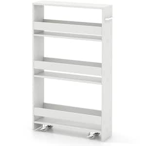 4-Tier White Slim Wood Kitchen Cart with Open Shelves Storage Cart Rolling On Wheels Narrow
