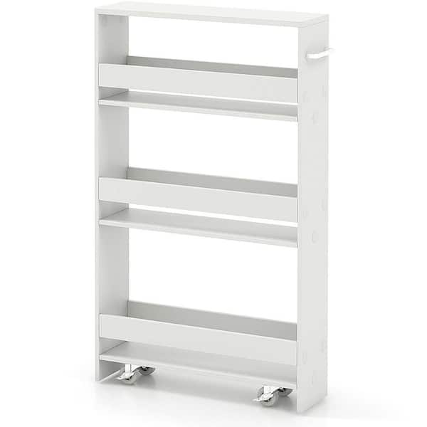 Costway 4-Tier White Slim Wood Kitchen Cart with Open Shelves Storage Cart Rolling On Wheels Narrow