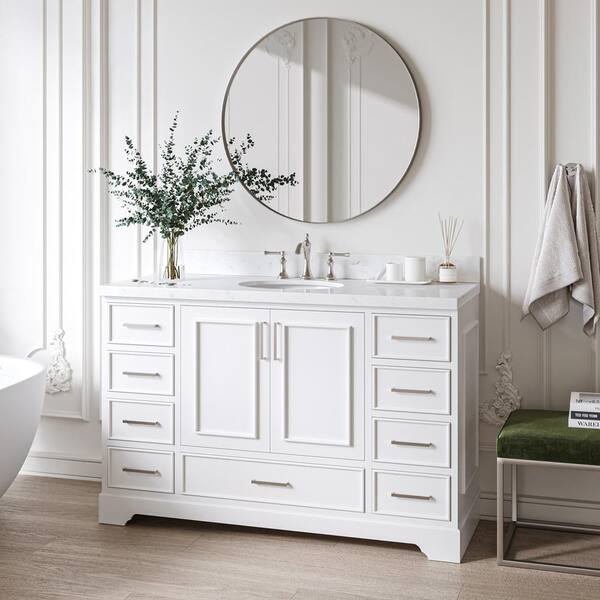 ARIEL Stafford 54 in. W x 22 in. D x 36 in. H Single Sink Freestanding Bath Vanity in White with Carrara White Quartz Top