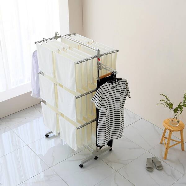 Hulife 57 1/2 in. x 56 1/2 in. 3-Tier Foldable Drying Garment Rack with Hanging Pole, Stainless Steel/Gray