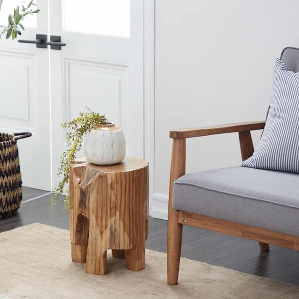 Litton Lane 12 in. Brown Handmade Live Edge Tree Stump Medium Round Wood End Table