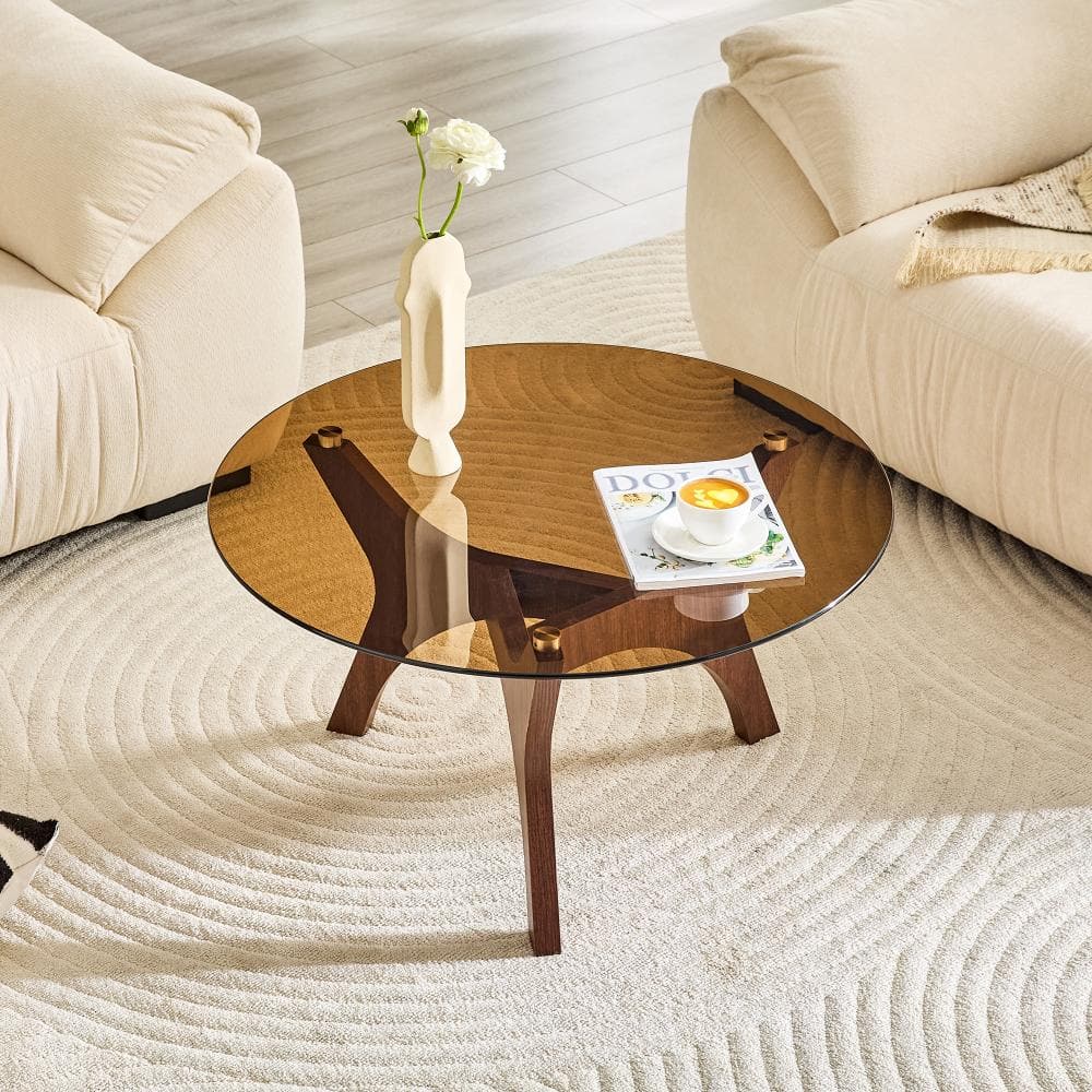 31.5 in. W Walnut Round Tempered Glass Top Coffee Table price history on PriceWatchPro
