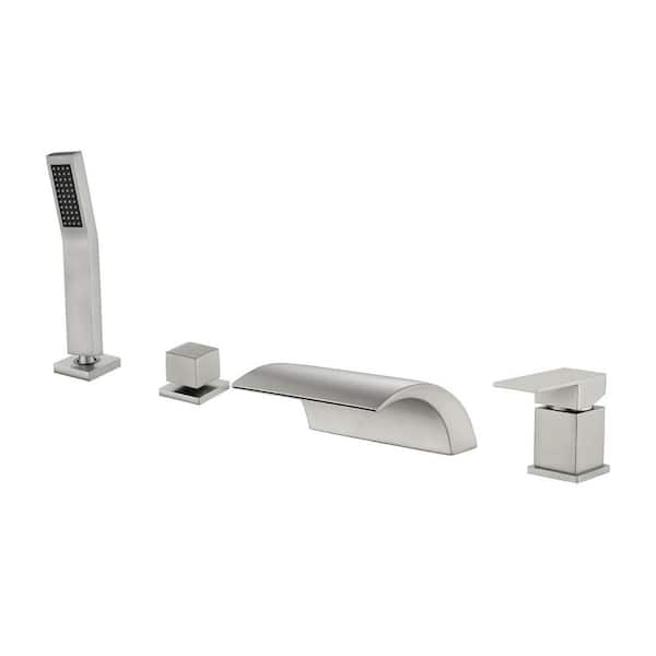 Single-Handle Tub Deck Mount Roman Tub Faucet with Hand Shower and Water Suply Hose in Brushed Nickel