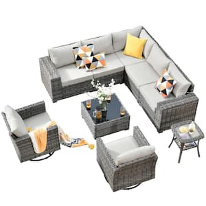 Crater Grey 9-Piece Wicker Wide-Plus Arm Patio Conversation Sofa Set with Swivel Rocking Chairs and Beige Cushions