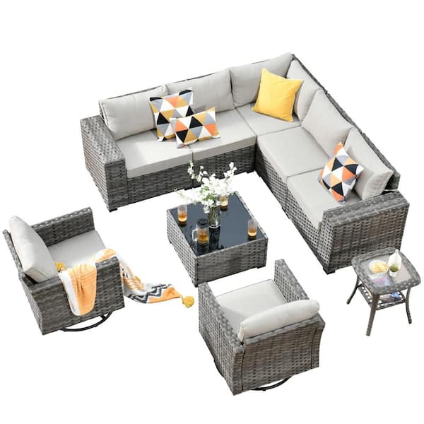 Crater Grey 9-Piece Wicker Wide-Plus Arm Patio Conversation Sofa Set with Swivel Rocking Chairs and Beige Cushions