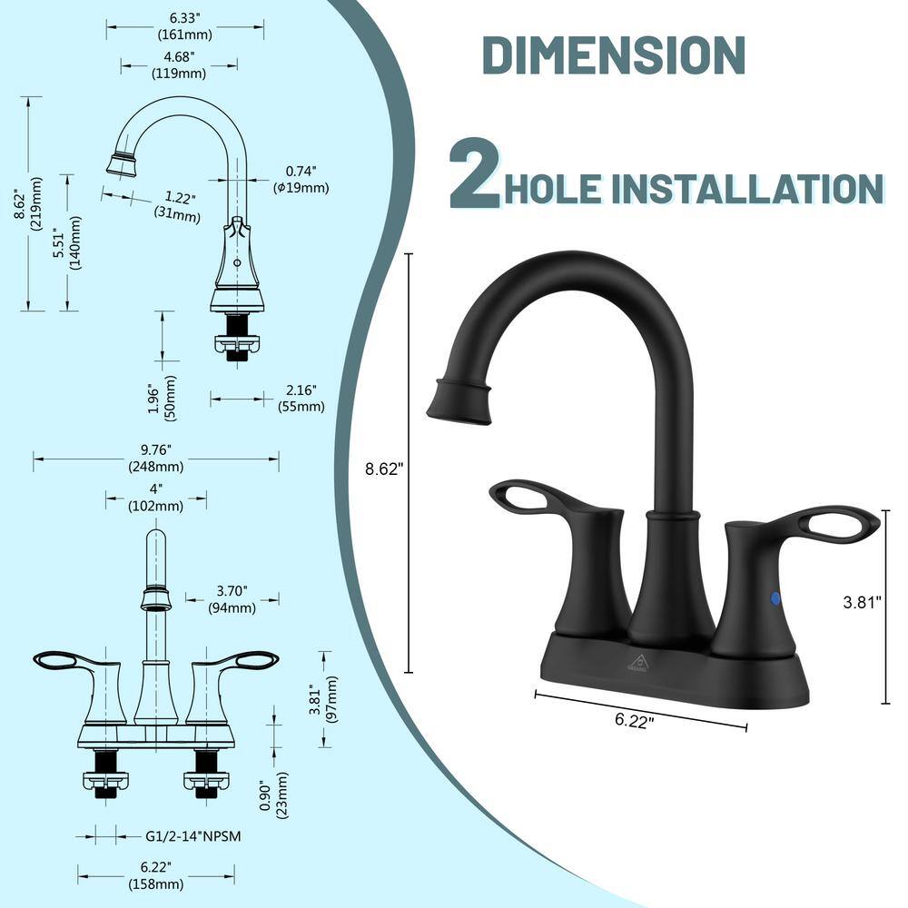 Matte Black Stainless Steel 4-Inch Centerset Bathroom Faucet with Drain Kit