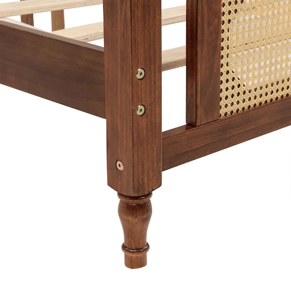 Solid Wood Brown Rattan Bed Frame King Platform Bed w/ Cane Headboard and Footboard, Turned Posts, No Box Spring Needed