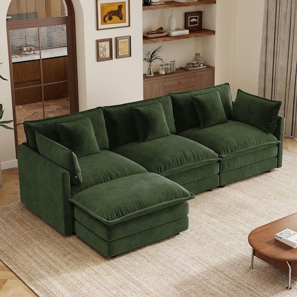 Modern 103.8 in. Square Arms Chenille L-Shaped Sectional Sofa in Green with Ottoman