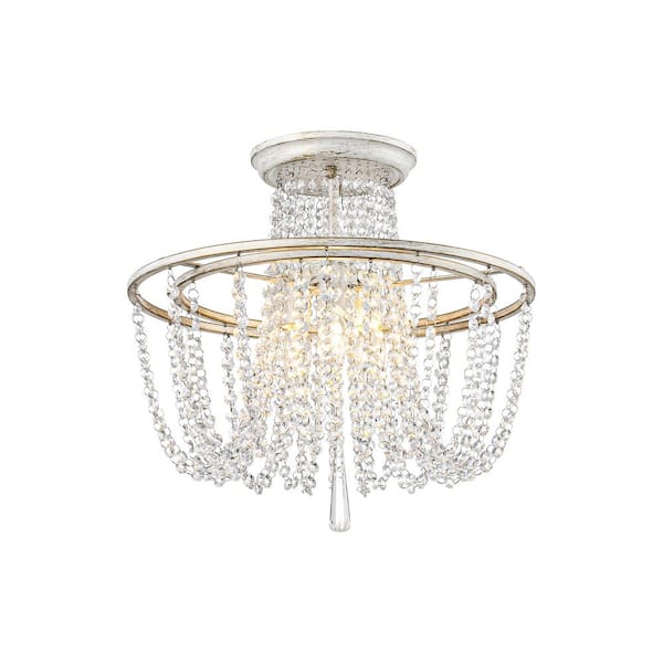 Jagdeep 3-Light 17.32-in Vintage White Dual-Ring Crystal Semi-Flush Mount Ceiling Light