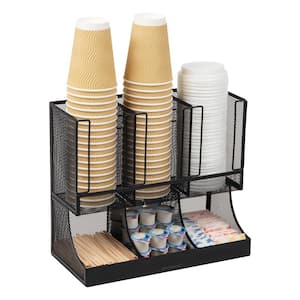 Cup and Condiment Station Countertop Organizer Metal Mesh 13 in. L x 6.45 in. W x 11.25 in. H, Black