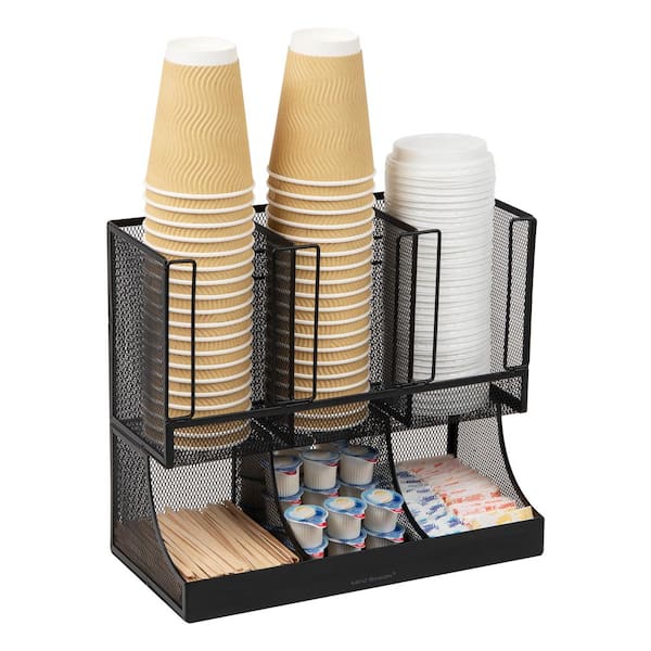 Cup and Condiment Station Countertop Organizer Metal Mesh 13 in. L x 6.45 in. W x 11.25 in. H, Black