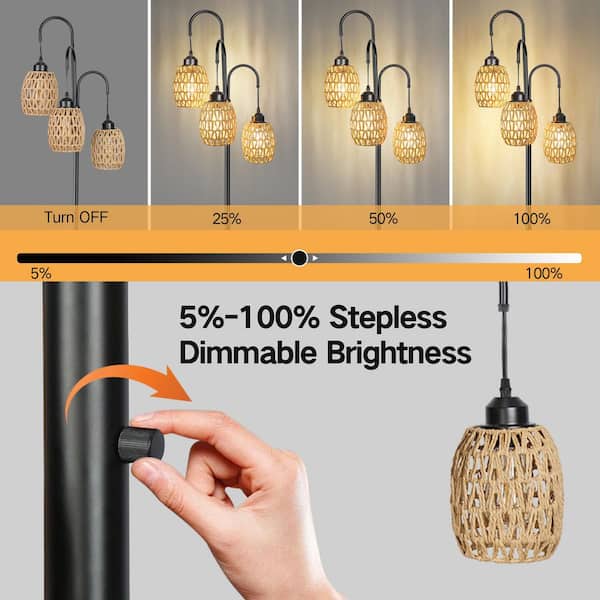 69 in. Black Dimmable Tree Floor Lamp with 3 Arc Hanging Rattan LampShade and Efficient Energy LED