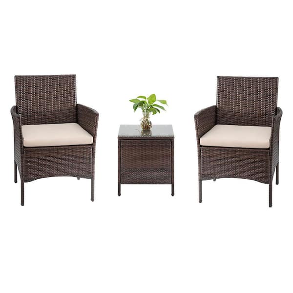Tozey 3 Pieces Light Beige Patio Furniture sets Outdoor Patio Conversation Set with Table with Light Beige Cushion