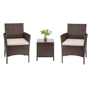 3-Pieces Wicker Beige Patio Furniture Set Outdoor Patio Conversation Set with Table with Beige Cushion