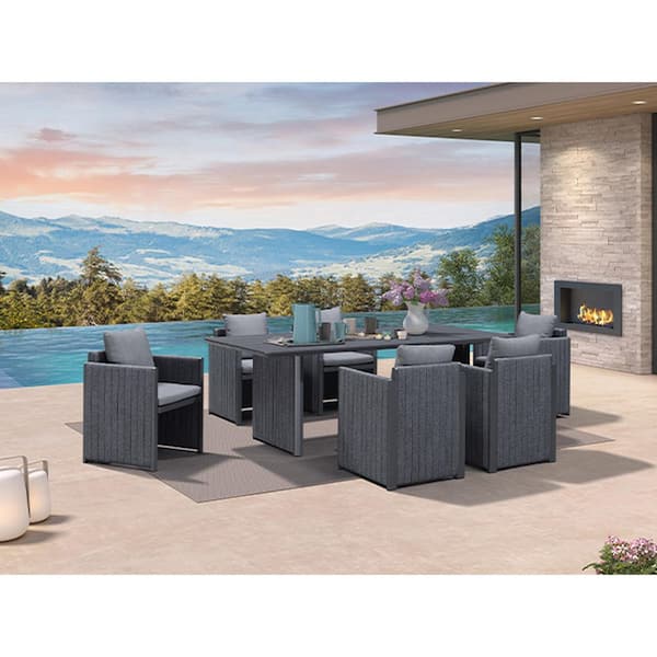 7-Piece Aluminum Outdoor Dining Set All-Weather Modern Rectangular Dining Table and Chairs with Olefin Cushions, Grey