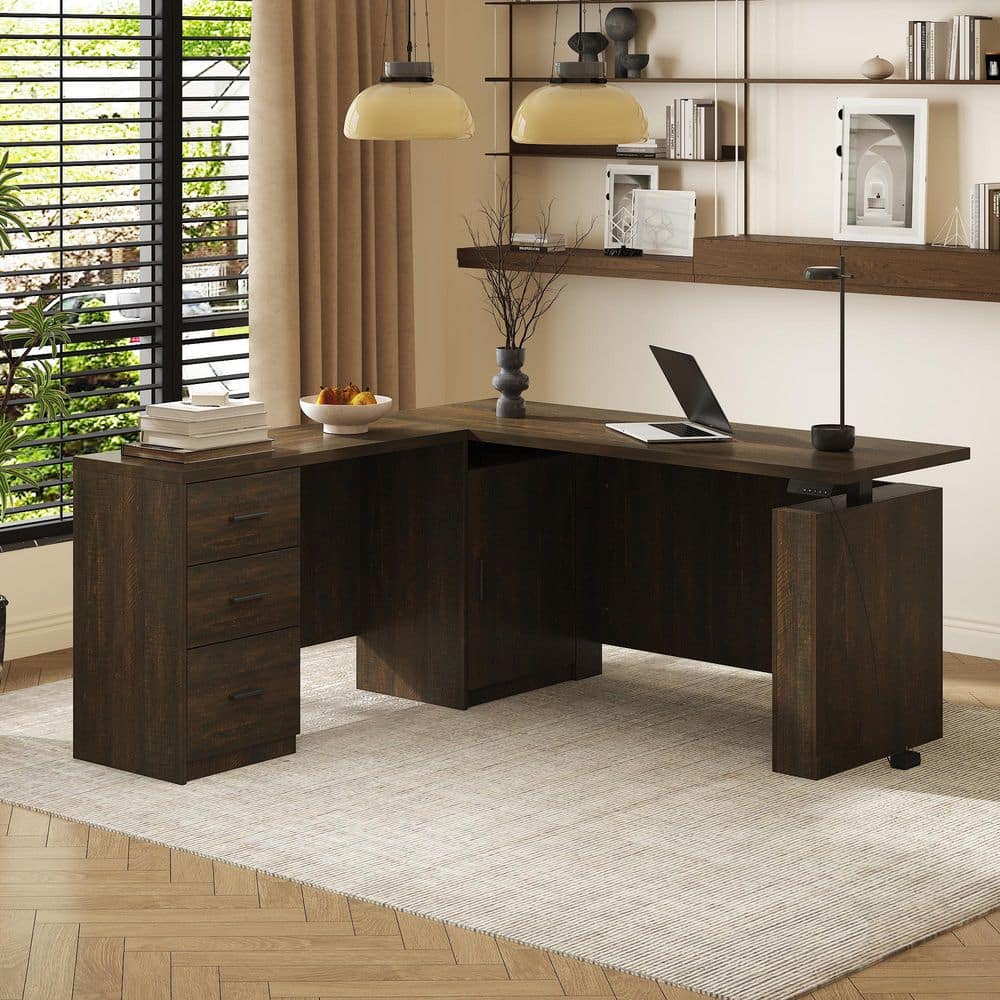 FUFU&GAGA 63 in. L-Shaped Brown Wood Grain 3-Drawer Electric