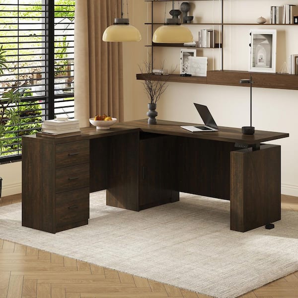 63 in. L-Shaped Brown Wood Grain 3-Drawer Electric Standing and Adjustable Height Desk with Memory Settings and Cabinet