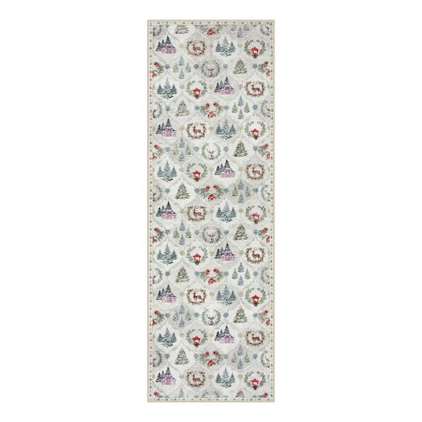 Christmas World 2 X 6 Beige Christmas Village Pattern Washable Area Rug Runner Rug