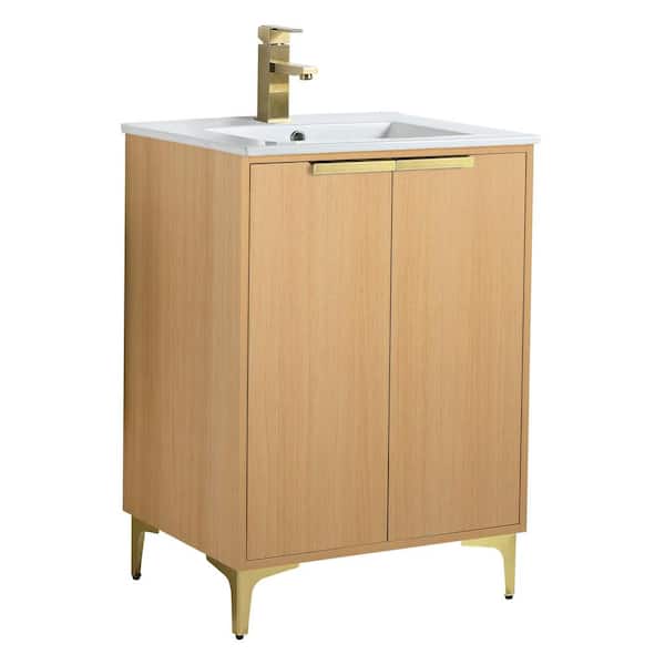 FINE FIXTURES 24 in. W x 18.5 in. D x 35.25 in. H Bath Vanity in Natural Oak with Satin Brass hardware and white Ceramic Sink
