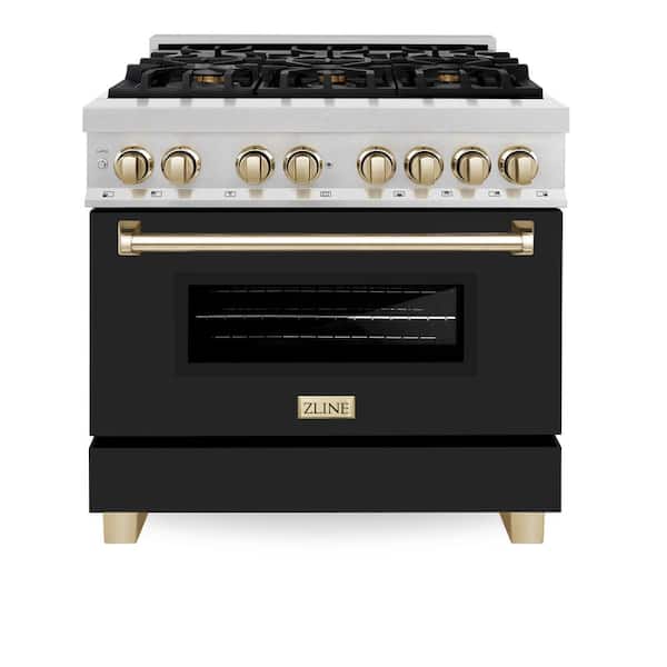 Autograph 36 in. Legacy Dual Fuel Range with 6 Burners and Electric Oven in Satin Steel with Black and Gold Accents