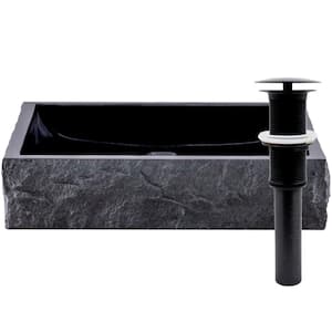 Square Black Granite Vessel Sink with Chiseled Exterior and Umbrella Drain in Oil Rubbed Bronze