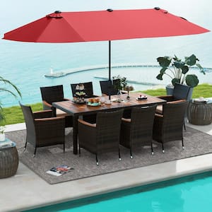 10-Piece Acacia Wood Outdoor Dining Set with Red 15 ft. Double-Sided Twin Patio Umbrella, Beige Cushion