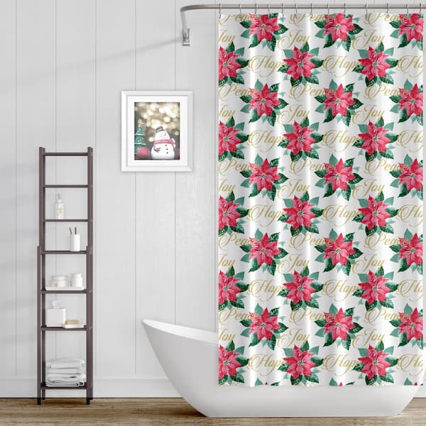 Joy Noel 13-Piece Holiday Peace Poinsettia Shower Curtain and Hooks Set