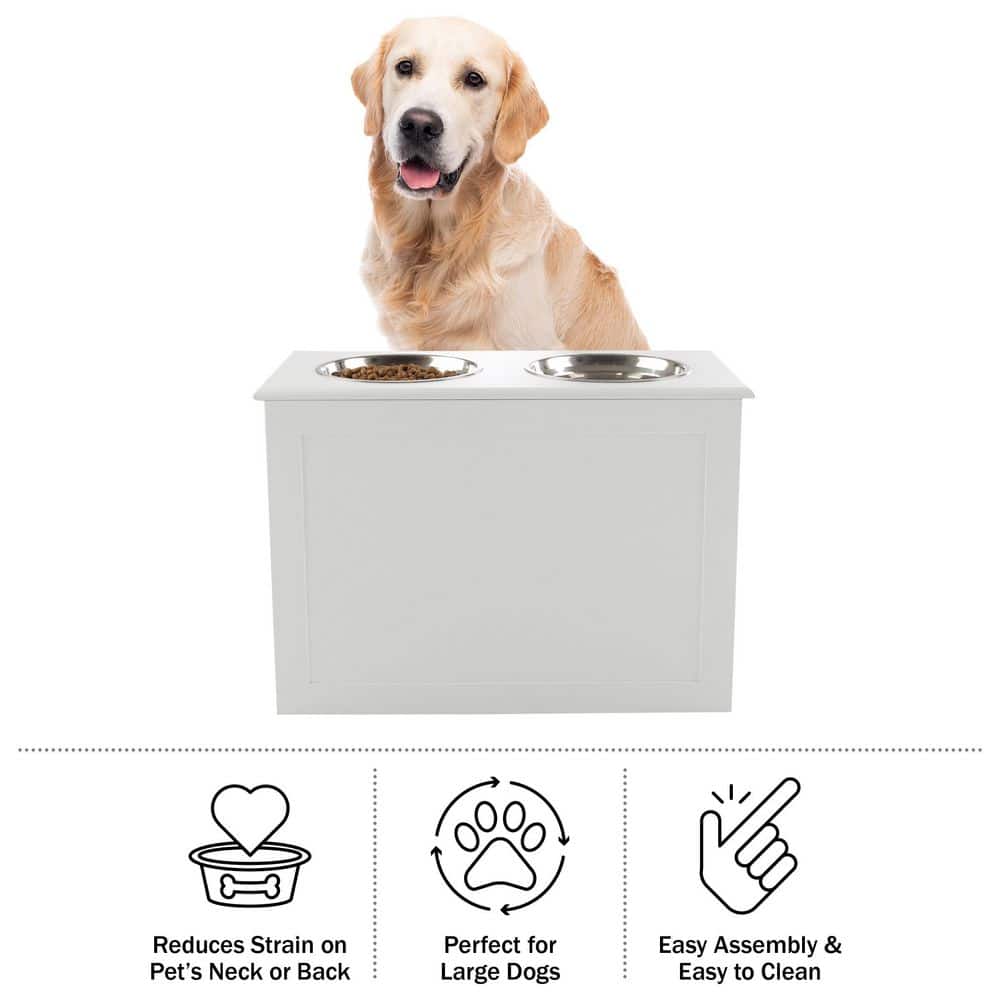 White Elevated Dog Bowls with Hidden Storage and Stainless Steel