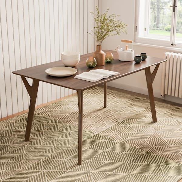 Furniture of America Palm Shade Mid Century Walnut Wood 59 in. 4 Legs Dining Table Seats 6