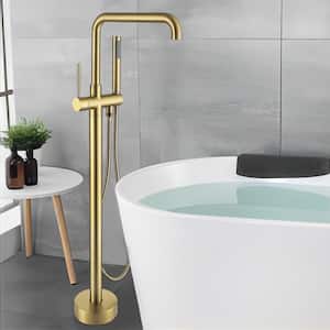 Single-Handle Freestanding Floor Mount Tub Filler Faucet with Hand Shower and Swivel Spout in Brushed Brass