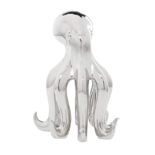 12 in. x 17 in. Silver Porcelain Tall Octopus Sculpture with Long Tentacles
