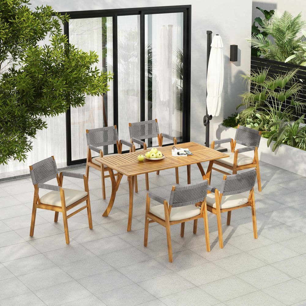 Holomn Rustic 7-Piece Patio Teak Finish Solid Wood and Grey Rope Woven Outdoor Dining Set with Beige Cushions price history on PriceWatchPro