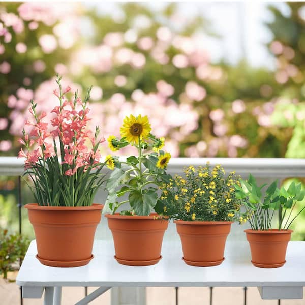 OGETFUUR 4-Pack Plastic Resin Indoor Planter with Drainage Holes and Trays (10 in. W x 6.37 in. H), Decorative Garden Planters