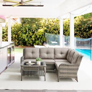 Carolina 4-Piece Gray Wicker Outdoor Patio Sectional Sofa Set with Gray Cushions and Coffee Table