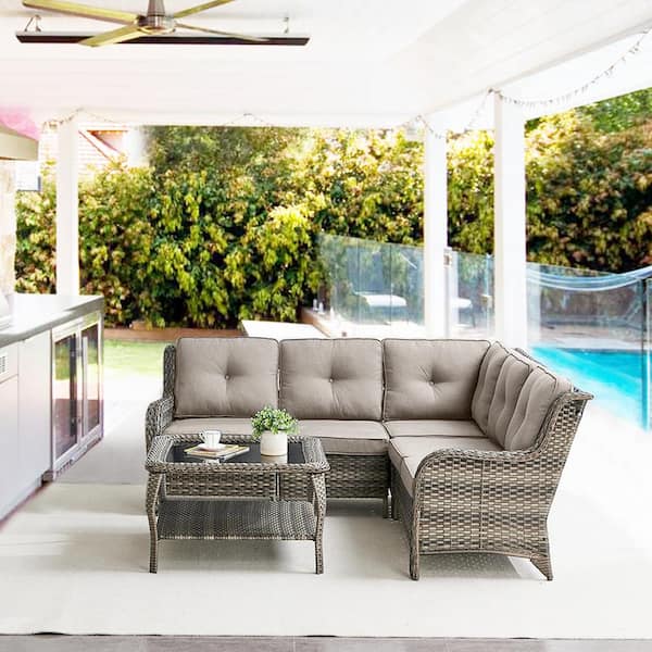 Gymojoy Carolina 4-Piece Gray Wicker Outdoor Patio Sectional Sofa Set with Gray Cushions and Coffee Table