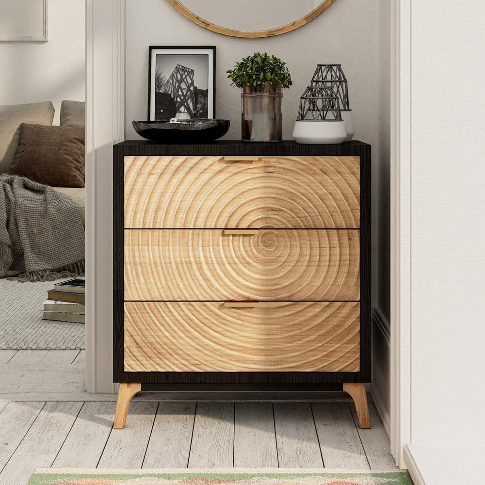 Black and Natural Wood 3-Drawer Nightstand with Ring Motif