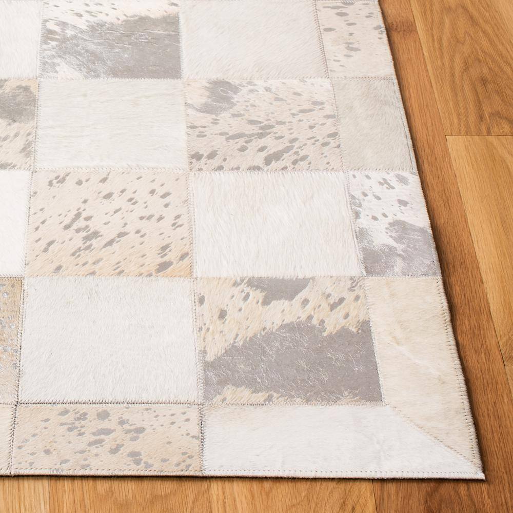 Ivory and Silver Hand-Knotted Geometric Leather Area Rug