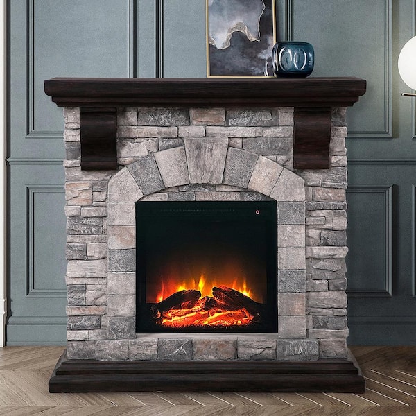 40 in. Freeing Electric Fireplace with Stone Mantel in Gray