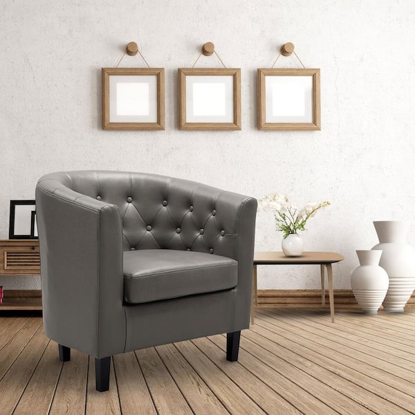 29.5 in. Rolled Arm Faux Leather Curved Button-Tufted Sofa in Gray