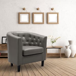 Gray Faux Leather Arm Chair, Button Tufted Chair, Midcentury Modern Accent Chair Comfy Armchair