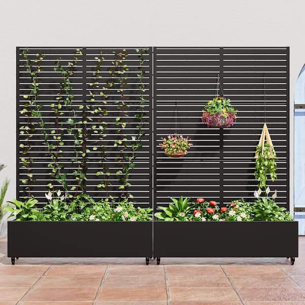 Set of 2-73 in. x 16 in. x 47 in. Black Metal Iron Planter Box with Attached Trellis for Climbing Vegetation