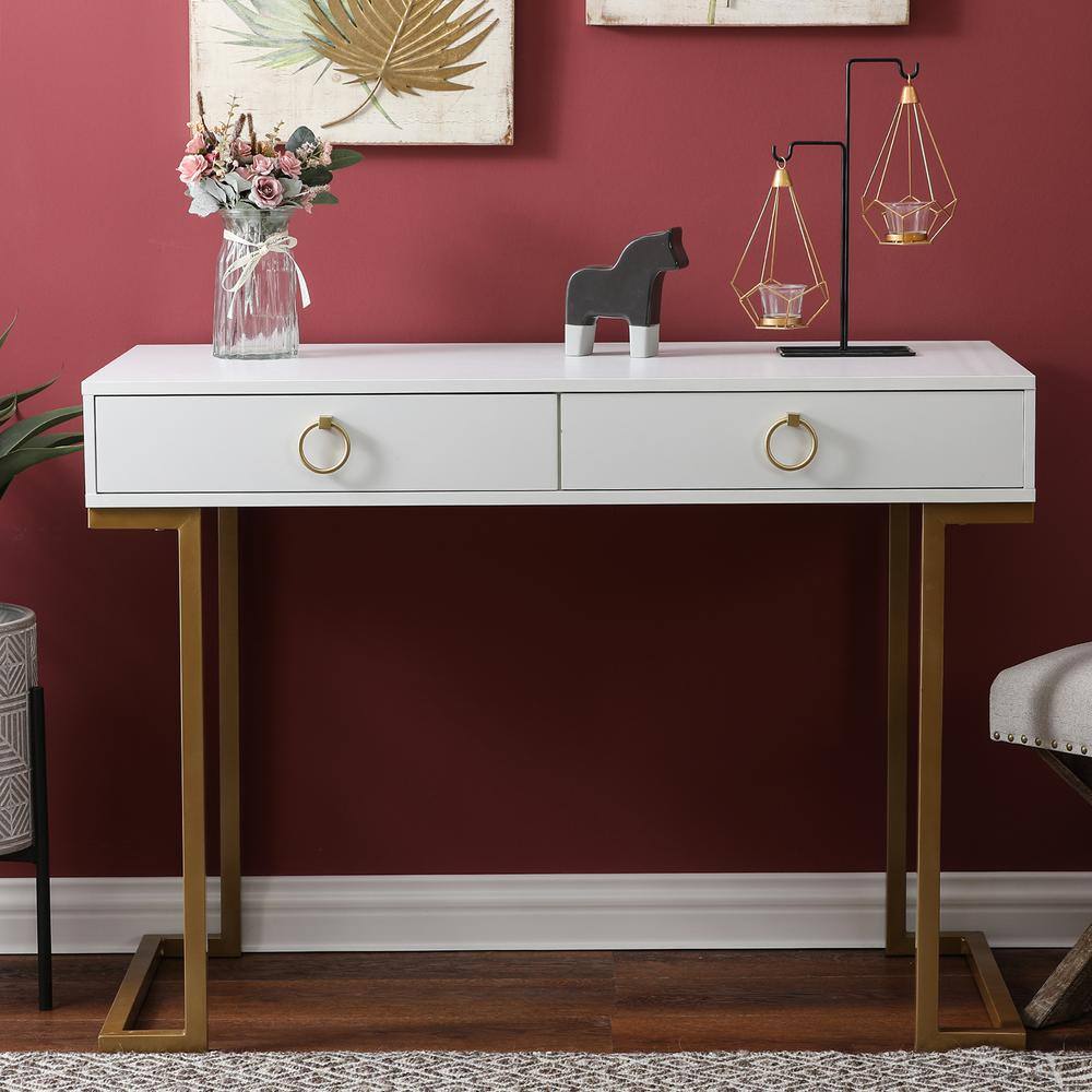 White Wood and Gold Metal Two Drawer Writing Desk