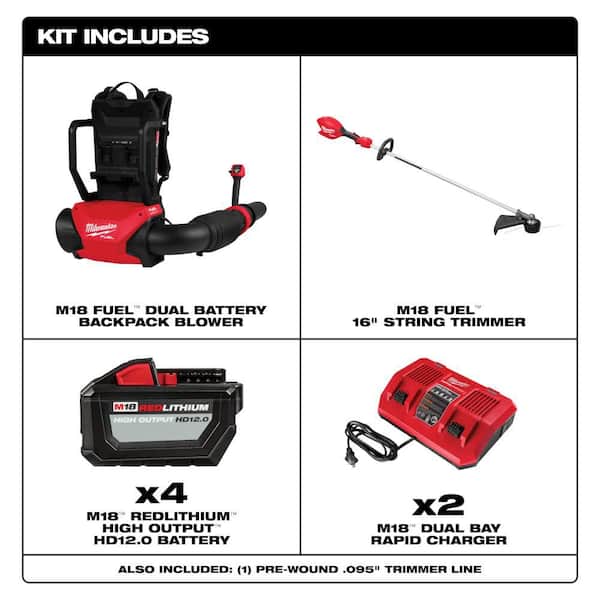 M18 FUEL 18V Brushless Cordless Dual Battery Backpack Blower Kit w/ M18 String Trimmer, (4) M18 Batteries, (2) Chargers
