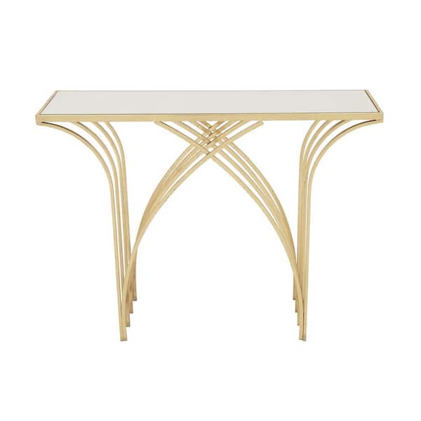 41 in. Gold Extra Large Rectangle Metal Geometric Console Table with Mirrored Glass Top