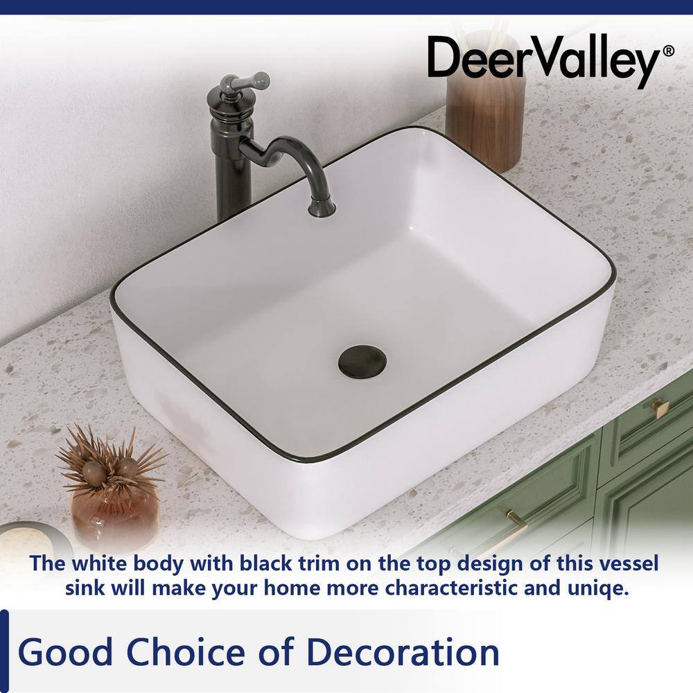 19" White Ceramic Rectangular Vessel Sink with Black Trim
