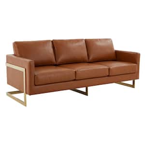 Lincoln 83 in. Square Arm Modern Upholstered Leather 3-Seater Mid-Century Straight Sofa Gold Frame in Brown/Cognac Tan