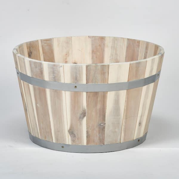 Unbranded 11 in. Wood Barrel Planter with White Natural Oil