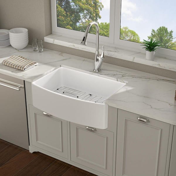 30 in. Single Bowl Ceramic Round Corner Farmhouse/Apron Front Kitchen Sink with Bottom Grid